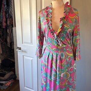Lilly Pulitzer Pink and Green Ruffle Dress Silk/cotton blend. RARE!